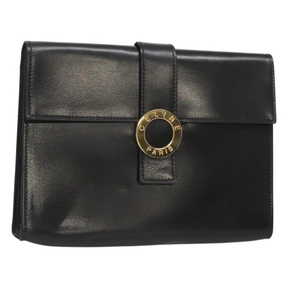 CELINE Pouch Leather Black Gold Auth BA2446 - Picture 1 of 16